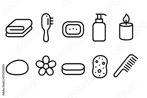 Bathroom essentials outline icon set. Soap, towel, candle, comb, shampoo symbols