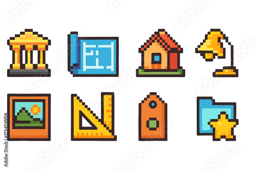 Pixel style icon set: architecture and design icons in retro pixel art style
