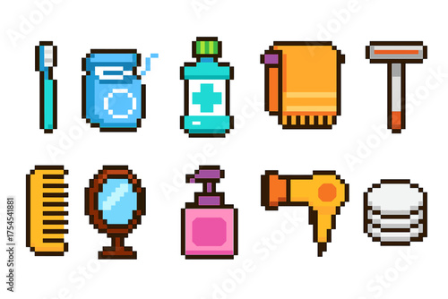 Bathroom essentials icon set: pixel art style for personal care and hygiene