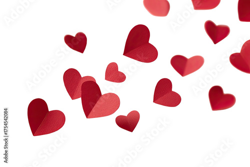 Paper-like hearts, varying sizes and angles, cascade against a black background, creating a romantic design