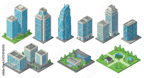 Isometric buildings and urban landscapes set with skyscrapers and parks
