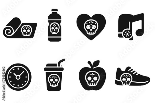 Day of the dead silhouette icon set. Skulls, hearts, shoes, drinks simple icons.