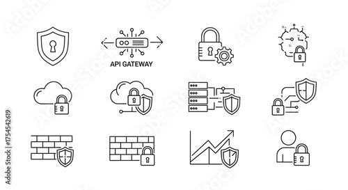 Cyber security and data protection line icons isolated on white background