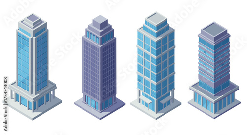 Modern isometric skyscrapers set with blue windows and contemporary design