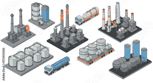 Isometric industrial plant collection with tanks and pipes