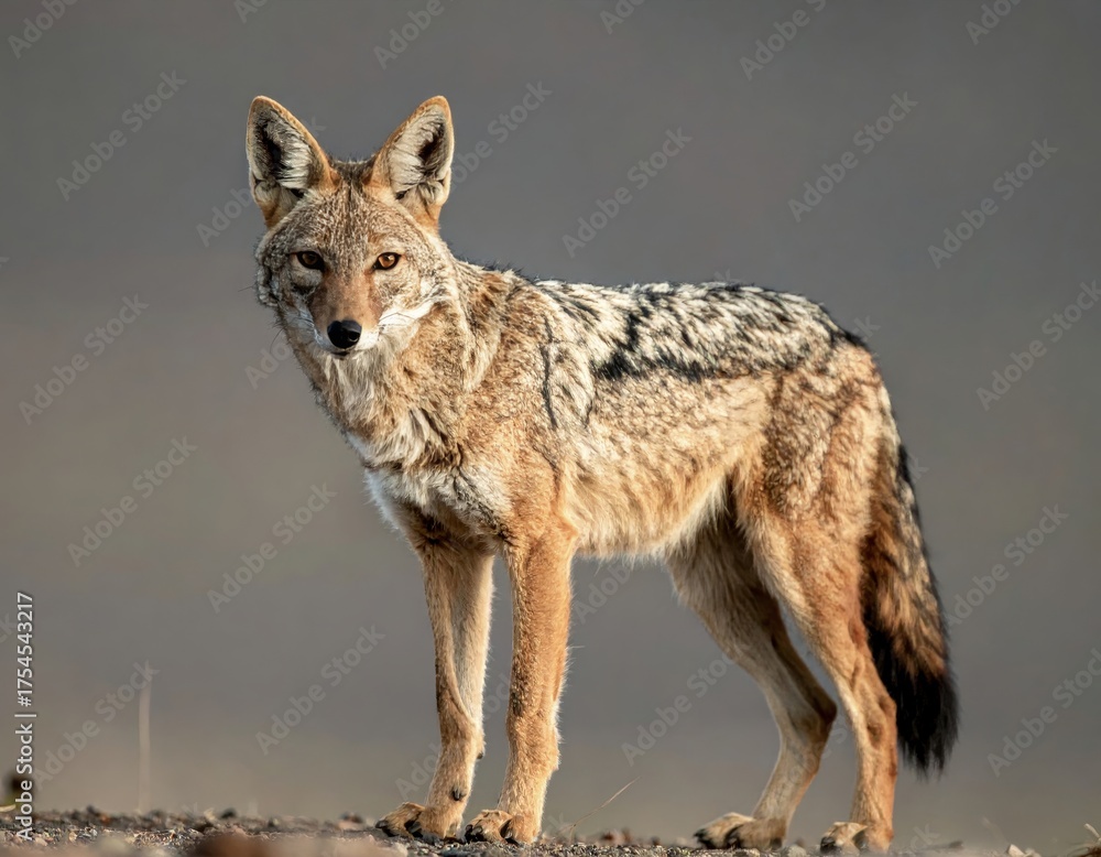 Obraz premium Coyote standing on rocky terrain with a blurred background under soft sunlight during the early morning hours