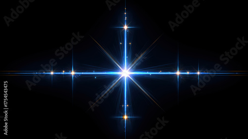 Bright blue glowing star with shining light beam flare effect. Hopeful and magical energy on an abstract space background element