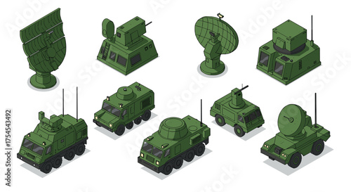 Isometric green military vehicles and radar systems on white background