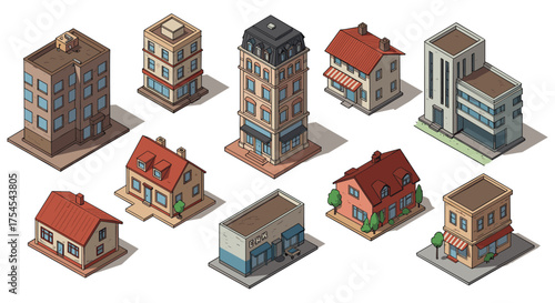Isometric city buildings collection: diverse residential and commercial designs