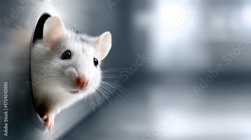 Cute little white mouse with curious expression peeking out from hole in grey wall. Adorable small animal rodent with copy space