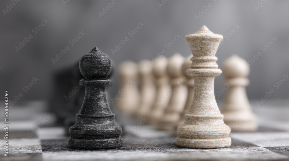 Fototapeta premium Dramatic chess game strategy on chessboard. black pawn faces white queen in tense conflict and power confrontation for leadership