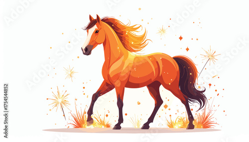 A stylized illustration of a golden horse walking amidst sparkling lights and a white background.