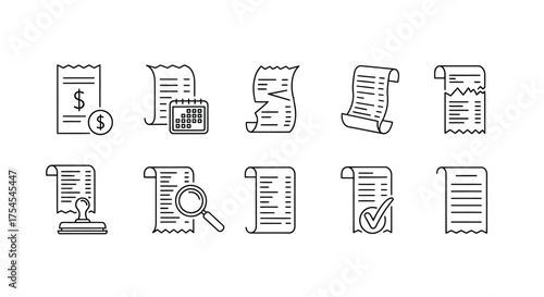 Set of invoice and receipt icons isolated on white background in line style