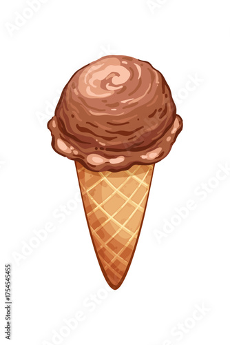 Vector realistic Ice cream scoop in bright cartoon style, chocolate, kakao or other brown ball in waffle cone isolated on white background, Sweet summer dessert illustration for candy shop, fresh