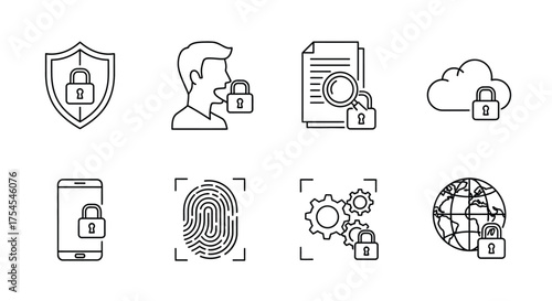 Cyber security and data protection line icons isolated on white background