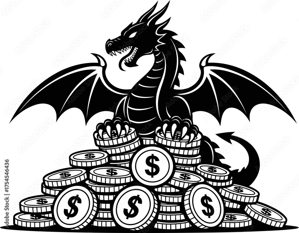 Ταπετσαρία Black dragon with wings guarding a large pile of gold coin