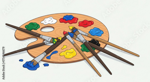 A colorful paint palette with brushes, perfect for creating artistic masterpieces