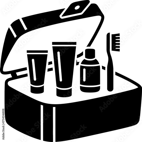 Open travel toiletry bag with shampoo, cream, lotion, and toothbrush inside. Flat line icon showing hygiene product. Vector illustration