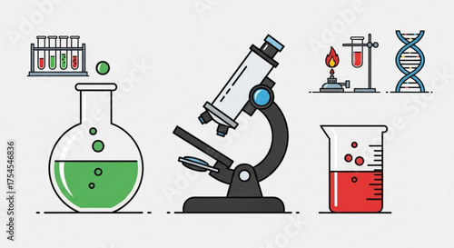 Science laboratory equipment, including microscope and flask
