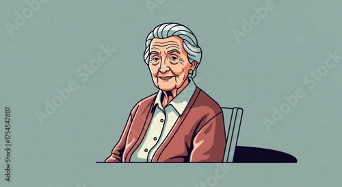 Elderly woman sitting in a chair with a neutral background color