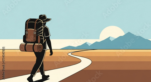 A lone hiker walking on a trail towards the mountains and the rising sun