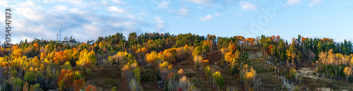 A panoramic view of a ski montain in the fall colors