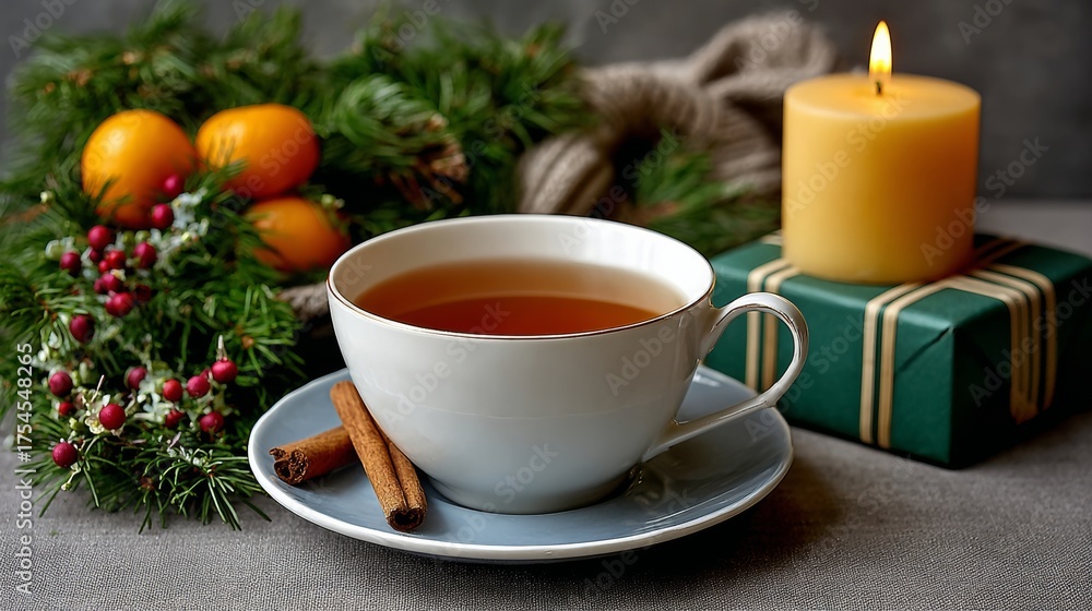 Fototapeta premium Warm cup of tea with cinnamon sticks on saucer, surrounded by festive holiday decorations including a candle, green gift box, and fresh oranges, creating a cozy winter atmosphere for celebration