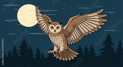 An owl soars through the night sky under the moonlight, in a forest setting