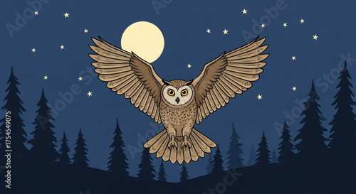 Illustration of an owl flying at night with a full moon in the background