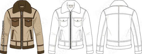 Men’s shearling jacket technical flat, CAD fashion design, winter outerwear vector template, sewing pattern drawing, warm apparel garment illustration