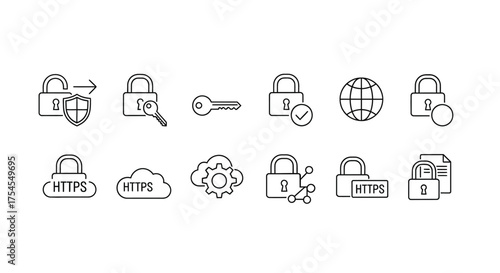 Set of linear icons of data protection and secure connection isolated on white background