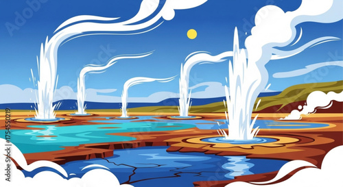 Geothermal energy illustration with geysers erupting in a colorful landscape