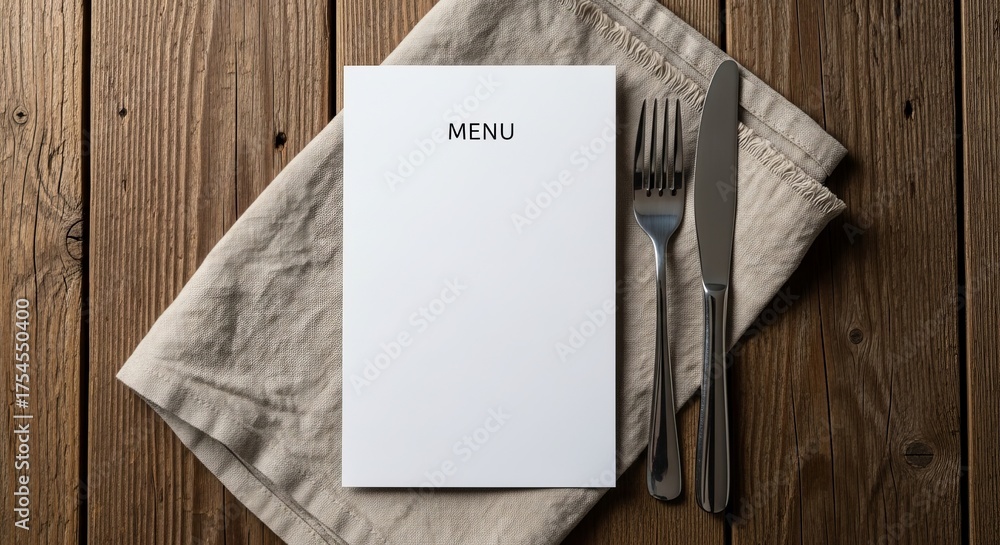 Fototapeta premium Restaurant menu blank template mockup design for food and drink presentation on wooden table with cutlery