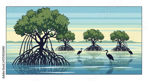 Mangrove trees in a serene lagoon with birds wading in the shallow water