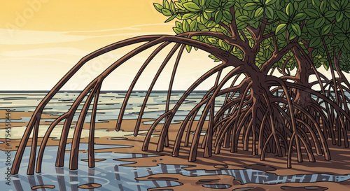 Mangrove tree with prop roots extending towards the sandy beach shore