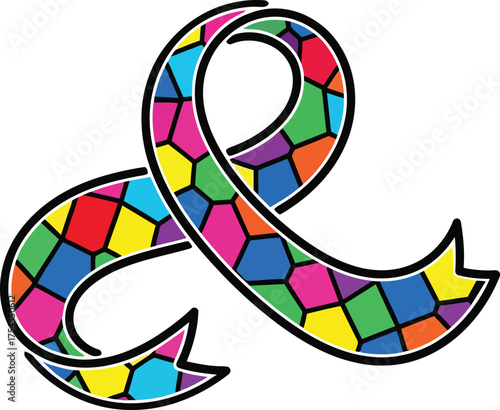 Colorful awareness ribbon with a vibrant mosaic or stained glass pattern, a vector symbol of support, diversity, or a charitable cause like autism awareness.