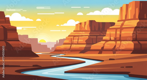 Grand canyon landscape with river flowing through the desert at sunset