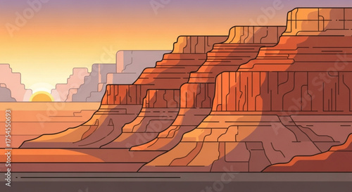 Layers of grand canyon rock formations at sunset with orange sky view