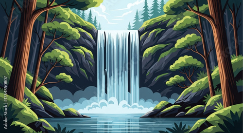 A serene waterfall cascading through a lush forest with vibrant green foliage