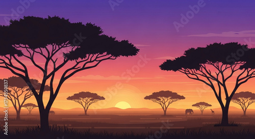 African savanna landscape with acacia trees at sunset in vector illustration