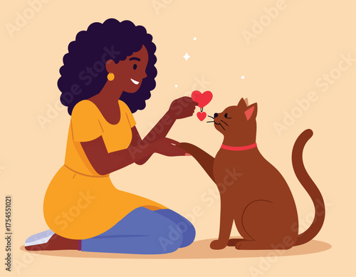 A smiling woman offers heart-shaped objects to a friendly cat.