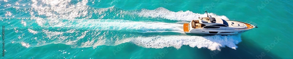 Naklejka premium Luxury Yacht Speeding Through Turquoise Waters, Creating a Frothy Wake A Vibrant Sun-Drenched Scene Perfect for Travel, Adventure, and Lifestyle Branding