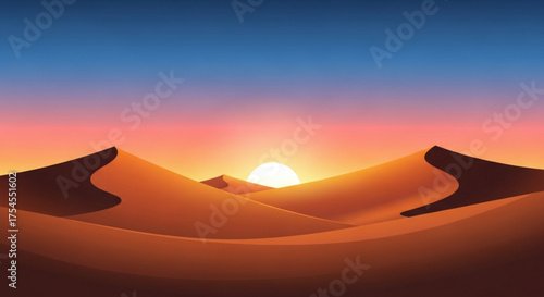 A breathtaking desert landscape at sunset with sand dunes and a clear sky