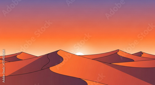 A serene desert landscape with rolling dunes and a vibrant sunset sky