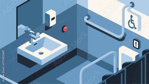 illustration of An accessible restroom with grab bars, lowered sinks, automatic soap dispensers, and an emergency call button.eps