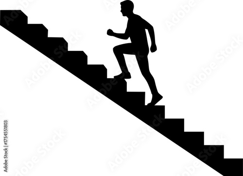 Climbing stairs silhouette. This image is a black silhouette of a person climbing stairs, symbolizing progress, achievement, and upward movement. Vector clipart illustration design