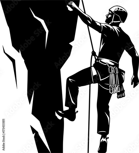rock climber silhouette. This image shows a person climbing a rock face, silhouetted against a white background, emphasizing the climber's gear and posture. Vector clipart illustration design