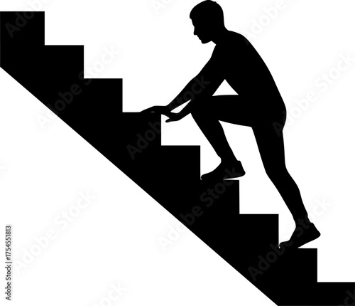Climbing stairs silhouette. This image is a black silhouette of a person climbing stairs, symbolizing progress, achievement, and upward movement. Vector clipart illustration design