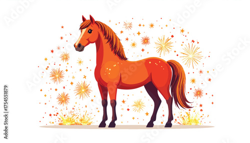 A vibrant illustration of a chestnut horse standing amidst sparkling, festive decorations.