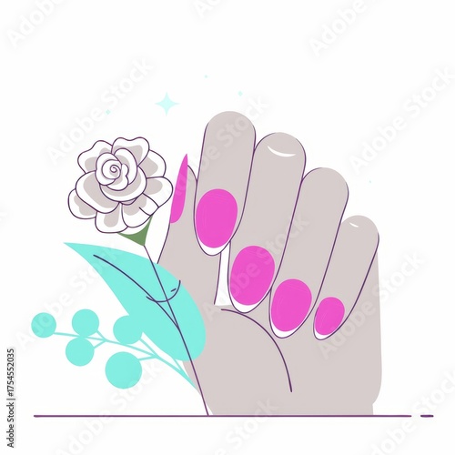 A woman's hand with pink nails and a flower. Illustration in flat art style, colorful, minimalism